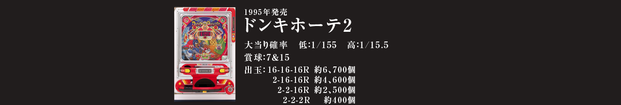 1995年発売 ドン・キホーテ2 大当たり確率 低：1/155 高：1/15.5 賞球：7＆15